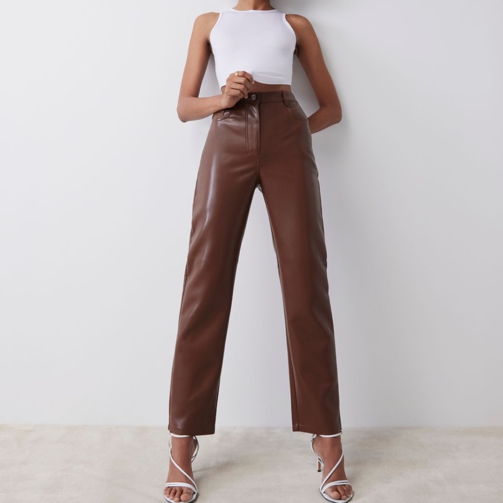 Aritzia Brown Faux Leather Straight-Leg Pants